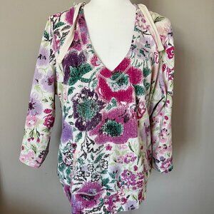 LUCKY BRAND Floral Print 3/4 Sleeve Hooded Pullover V-Neck Top Size Large